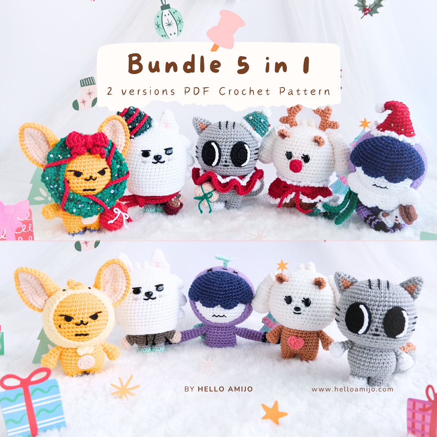 Bundle 5 in 1 Christmas (2 versions) Amigurumi Crochet Pattern PDF